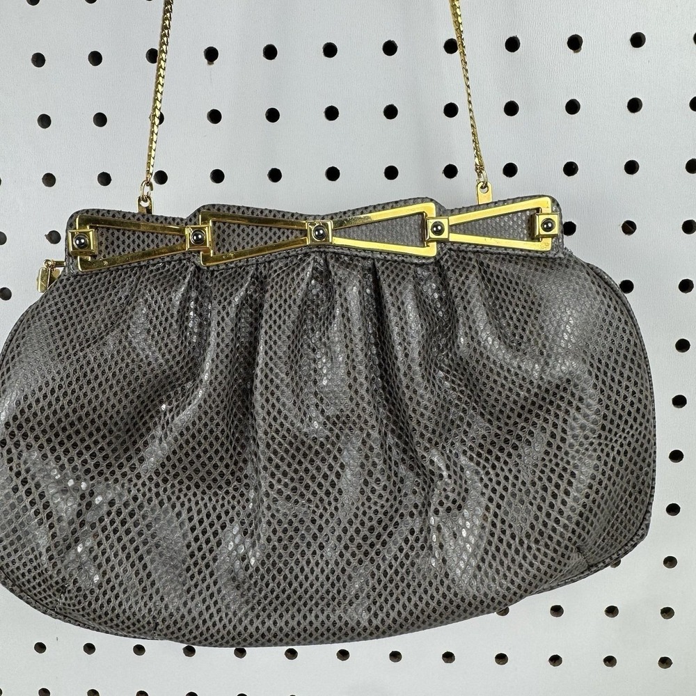 Vtg Ashneil 80s Gray Reptile Embossed Chain Shoulder Bag Purse Hong Kong - Picture 8 of 13